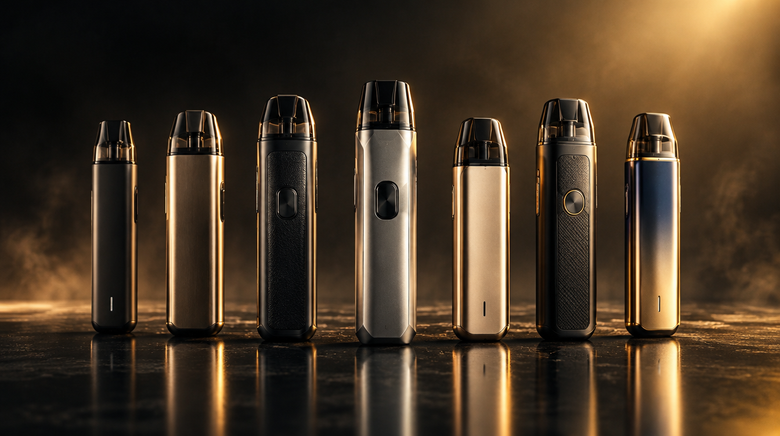 Lineup of refillable pod vape kits on a dark premium surface — best pod kits in Pakistan 2026