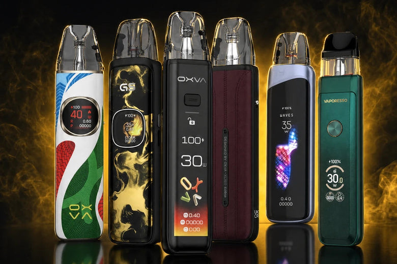 Six vape devices displayed upright in a row against a dark smoky background, with large text below reading 'SMOKES HUB VAPE DEVICES Devices' and an 'Explore' button.